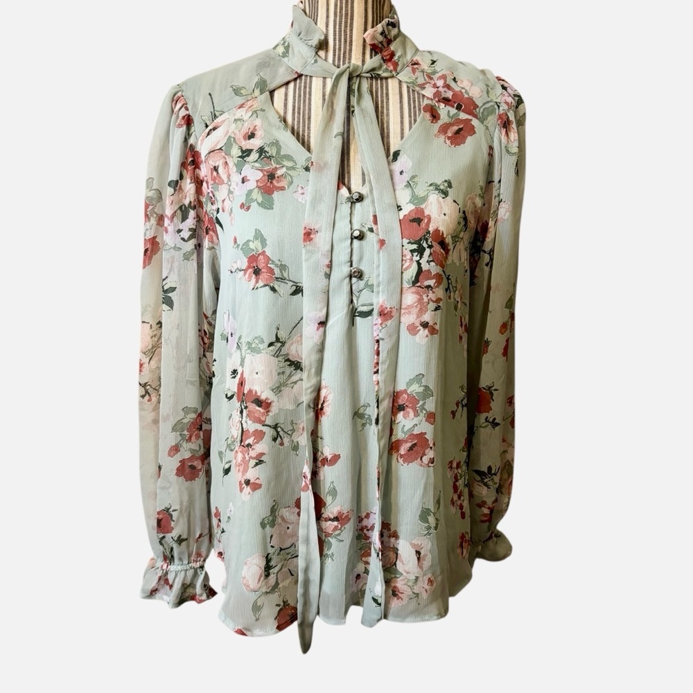 OLM Blouse Large Mint Green Pink Rose Floral V-Neck Ties Ruffled Cuffs Collar